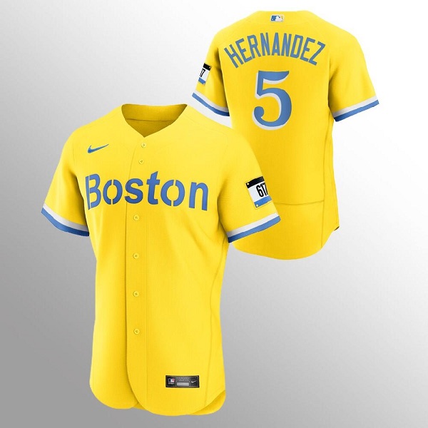 Men's Boston Red Sox #5 Enrique Hernandez Gold MLB 2021 City Connect Flex base Stitched Jersey